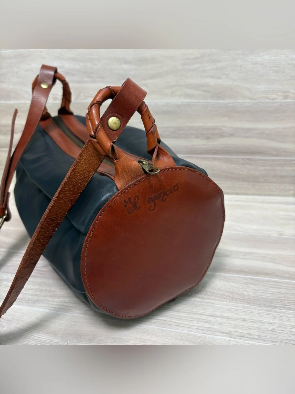 IL Gancio Blue & Brown Folded Leather Barrel Shoulder Bag